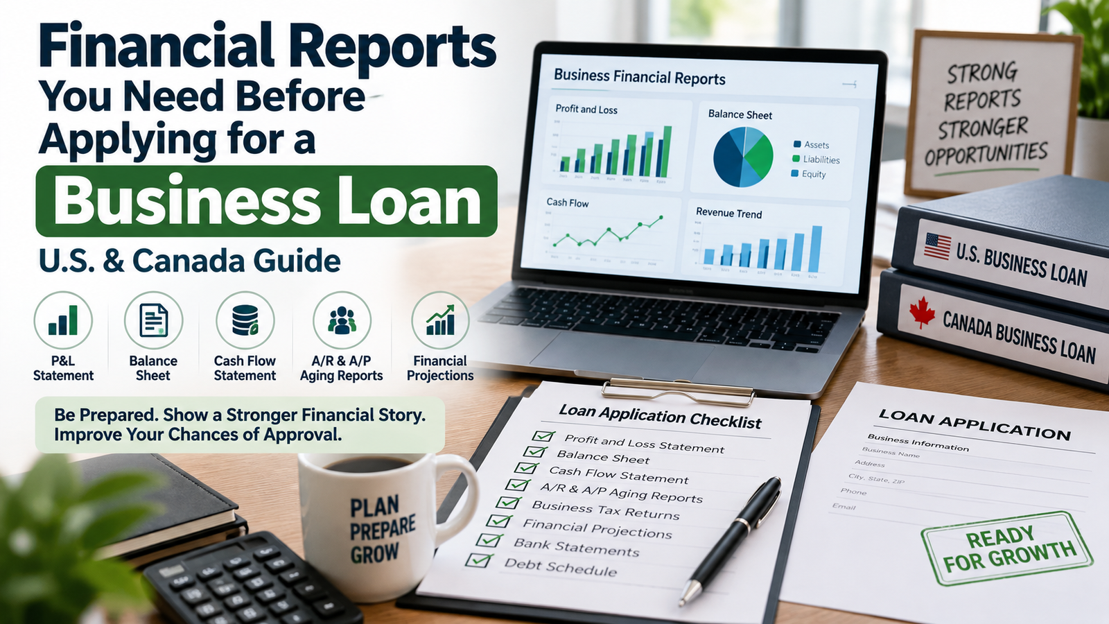Financial reports needed for a business loan, including profit and loss, balance sheet, cash flow, aging reports, and financial projections.