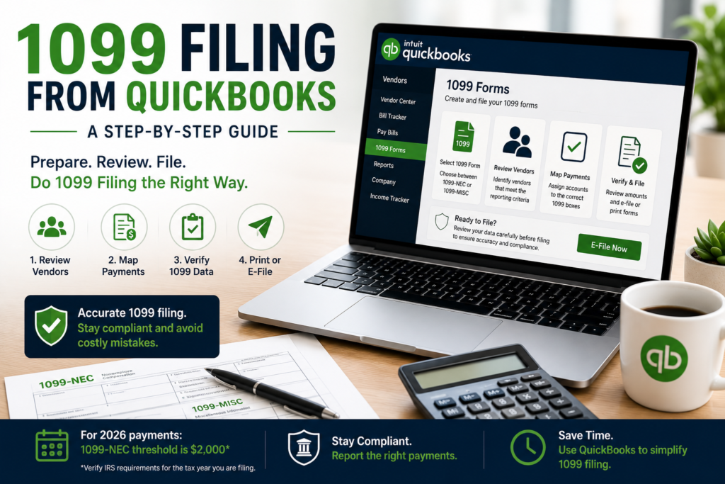 QuickBooks Desktop 1099 filing step-by-step guide showing vendor review, payment mapping, data verification, and e-filing